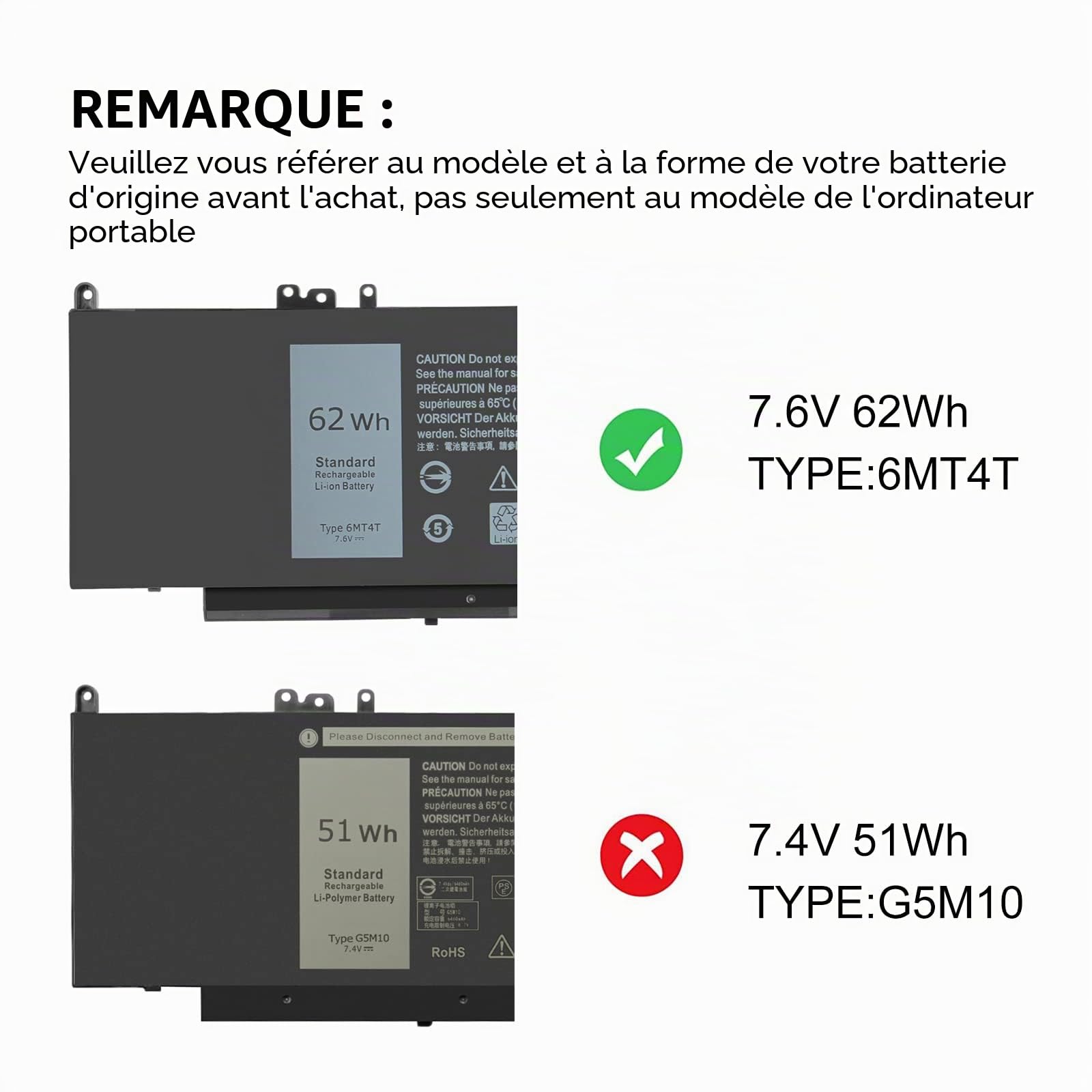 Exmate 6MT4T 7V69Y TXF9M 79VRK Batterie pour Dell Latitude E5470 E5550 E5570 [7.6V 62Wh]