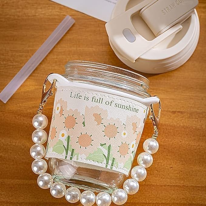 Image of HOHO Pearl Glass Mug with Straw | Cute Transparent Coffee & Milk Cup | Reusable Travel Sipper Tumbler for Juice,Smoothies,Bubble Tea & Iced Drinks | Leakproof Aesthetic Mug for Girls-Pack of 1