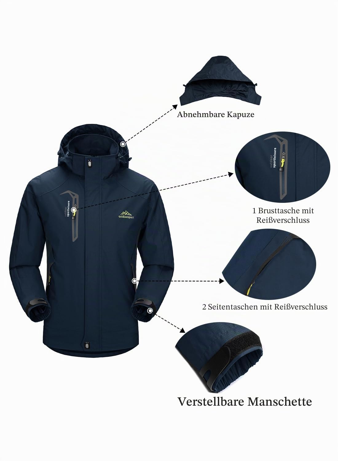 YSENTO Herren Regenjacke wasserdichte Outdoor Atmungsaktive Wandern Funktionelle Softshell Winddichte Regenjacke mit Abnehmbarer Kapuze