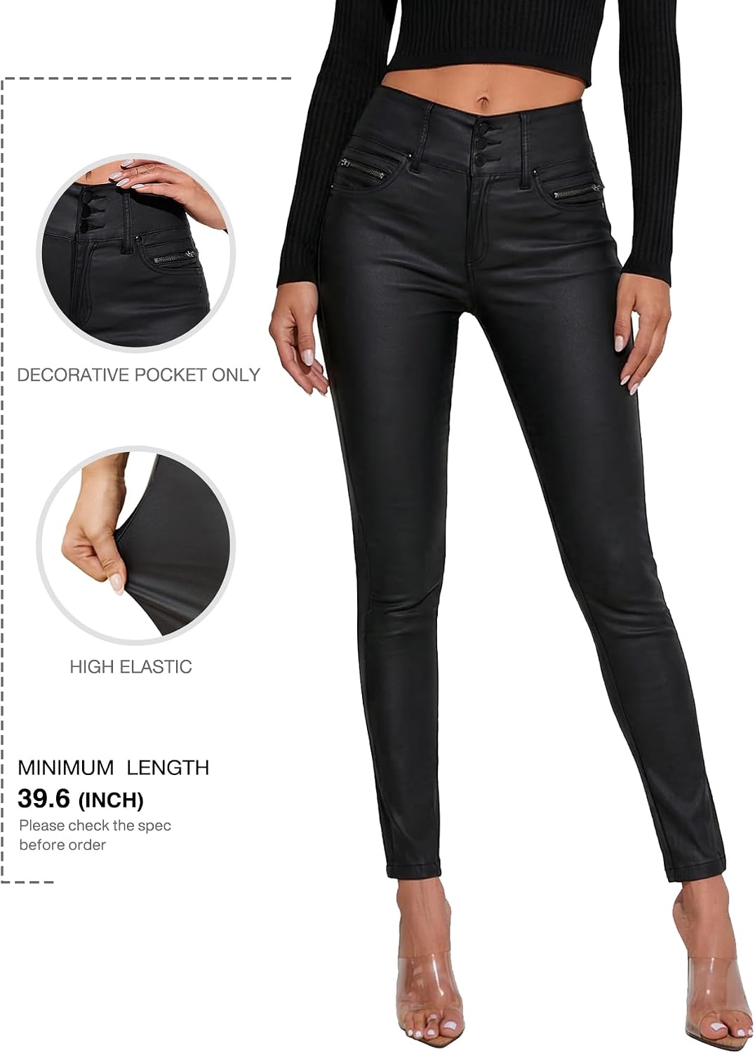 THE LOVE BRAND Women Faux Leather Pants Black Skinny Leggings Leather Pants for Women Mid Waisted Stretchy Leggings