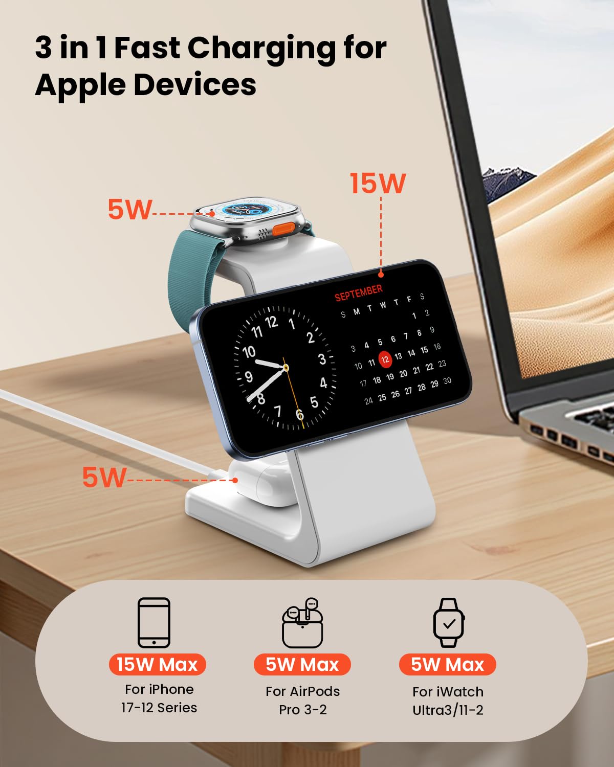 GEEKERA 3-in-1 Ladestation mit MagSafe, 15W Schnell Induktive Ladegerät für iPhone Air/17/16/15/14/13, Schnellladegerät für Apple Watch 11-2, Fast Charger Station für AirPods, Weiß
