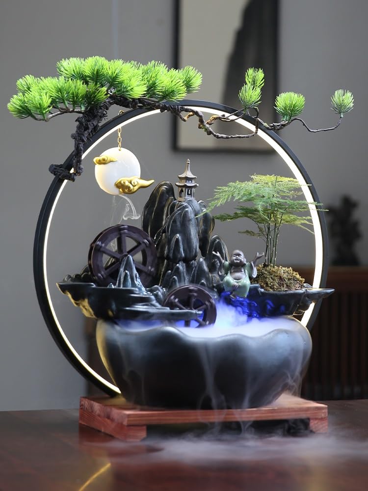 Fuente Decorativa de jardín, Fuente de Agua con Cascada, de cerámica, con función humidificadora, Rueda de Agua, Feng Shui Zen, decoración para salón, Dormitorio, Oficina, 49 x 12 x 50 cm