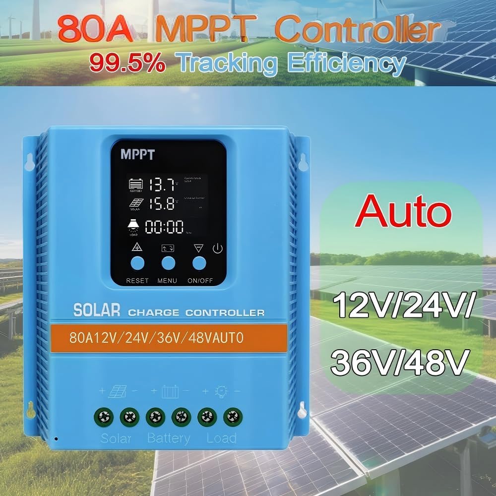 Solar Charge Controller 80A 12V 24V 36V 48V Intelligent Recognition LCD Display Battery Intelligent Regulator Maximum 100V Input Dual USB for Lead Acid/Lithium Battery