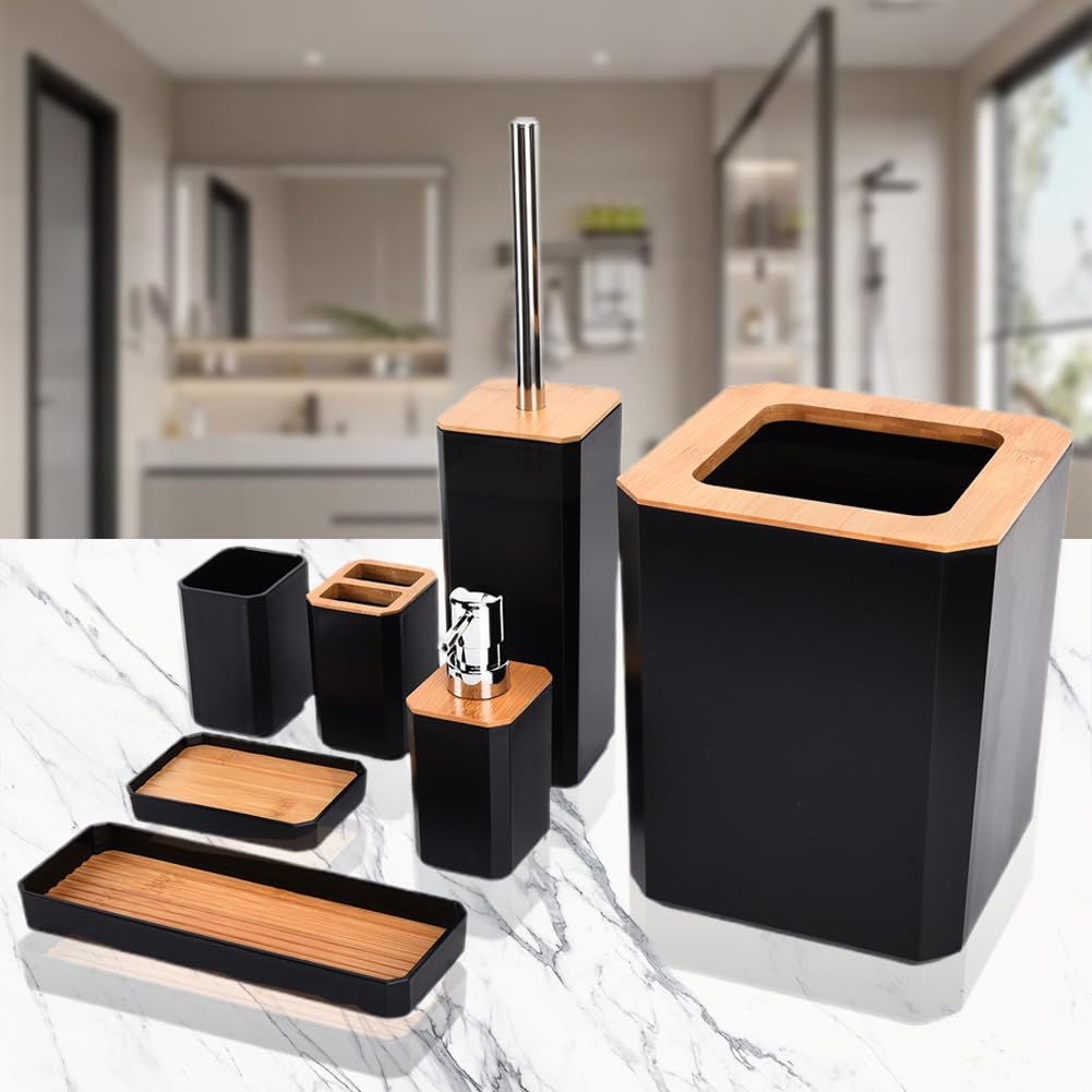 Ensemble D'accessoires De Salle De Bain, 7 Pcs Ensemble De Bain en Bois Porte-Brosse à Dents Distributeur De Savon Porte-Savon Porte-Brosse De Toilette Poubelle (Noir)
