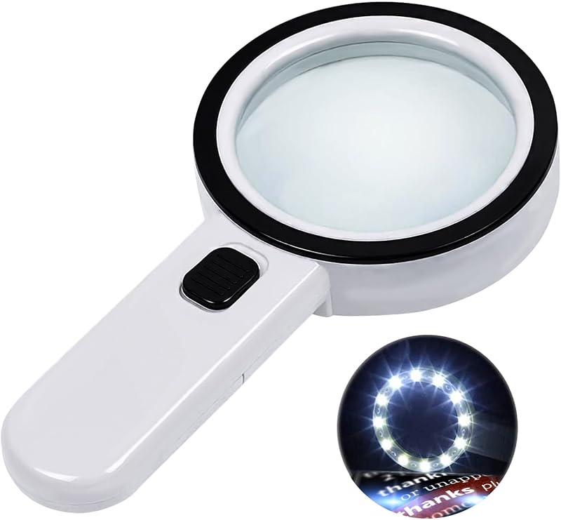Lupa Nazano con 12 luces LED para lectura para personas mayores, 10X | Lupa de lectura portátil ultraclara para personas mayores, degeneración macular, trabajo cercano, monedas y frascos de pastillas