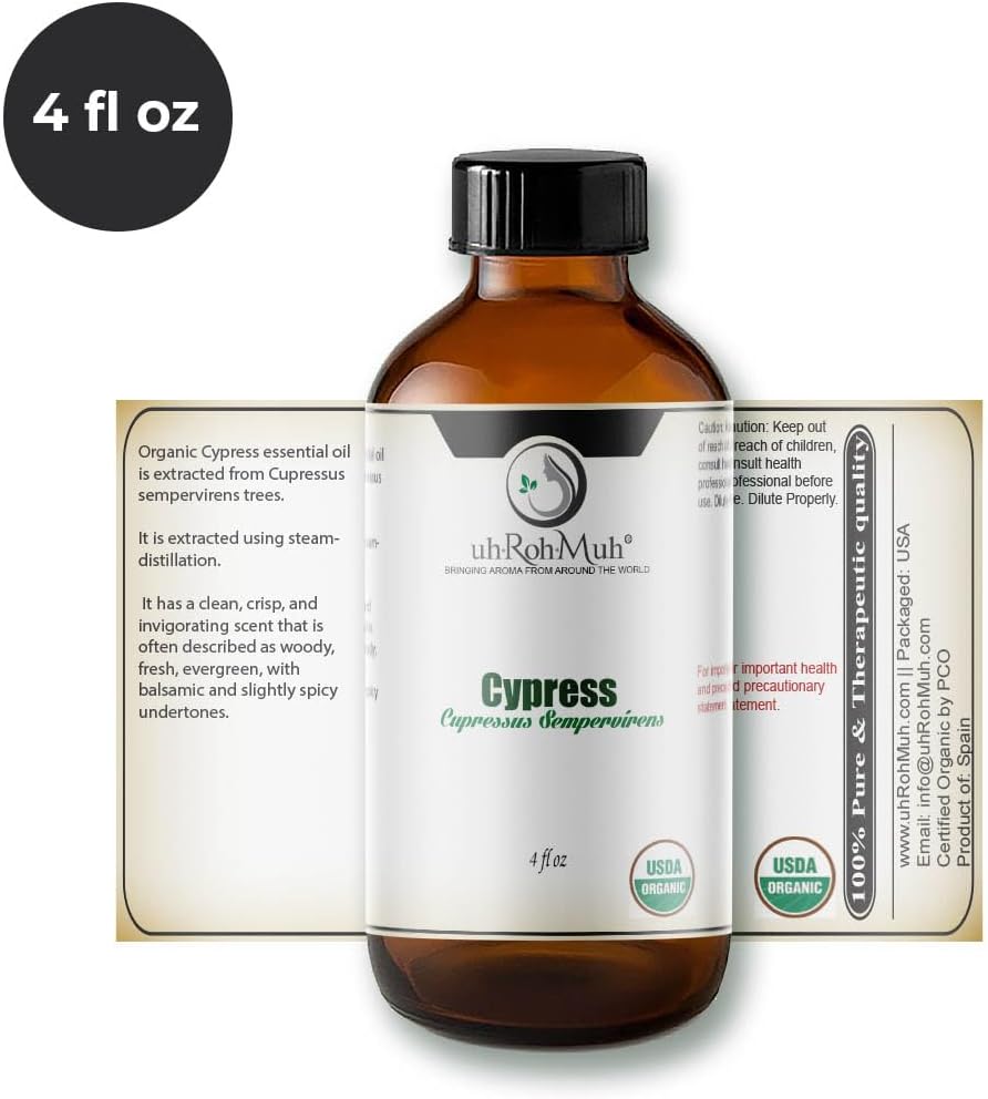 Organic Cypress Essential Oil | Steam Distilled Cupressus Sempervirens Leaf Oil, Fresh Woody Aroma Middle Note Oil for Aromatherapy, Skincare, Haircare and DIY Cosmetic Blends | Spain - 4 Fl Oz