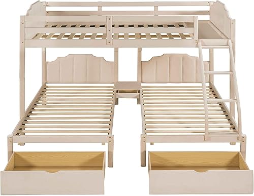 Miniatura 4 de ATY Litera triple con 3 cajones marco de cama de terciopelo completo sobre individual e individual con cabecera y barandillas de seguridad diseño de