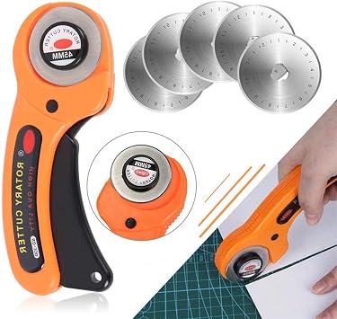 Rotary Cutter with 5 Pcs 45mm Rotary Spare Blade Refill Set - Alloy Steel Blade, Ergonomic Comfortable Grip, Sewing Cutting Tool, for Cutting Fabric Paper Cloth Leather Mat Craft Supplies Orange