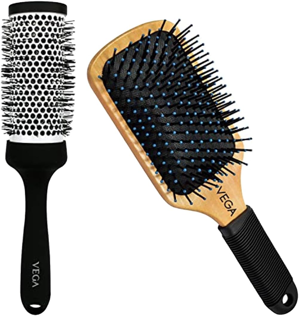 VEGA Hot Curl Brush Medium, black, 125 g & VEGA Premium Collection Paddle Hair Brush for Men & Women, (E1-PB)