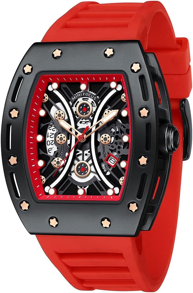 Luxury Skeleton Watch Men Waterproof Adjustable Silicone Strap Steampunk Style Chronograph Calendar Date Luminous Business Large Square Dial
