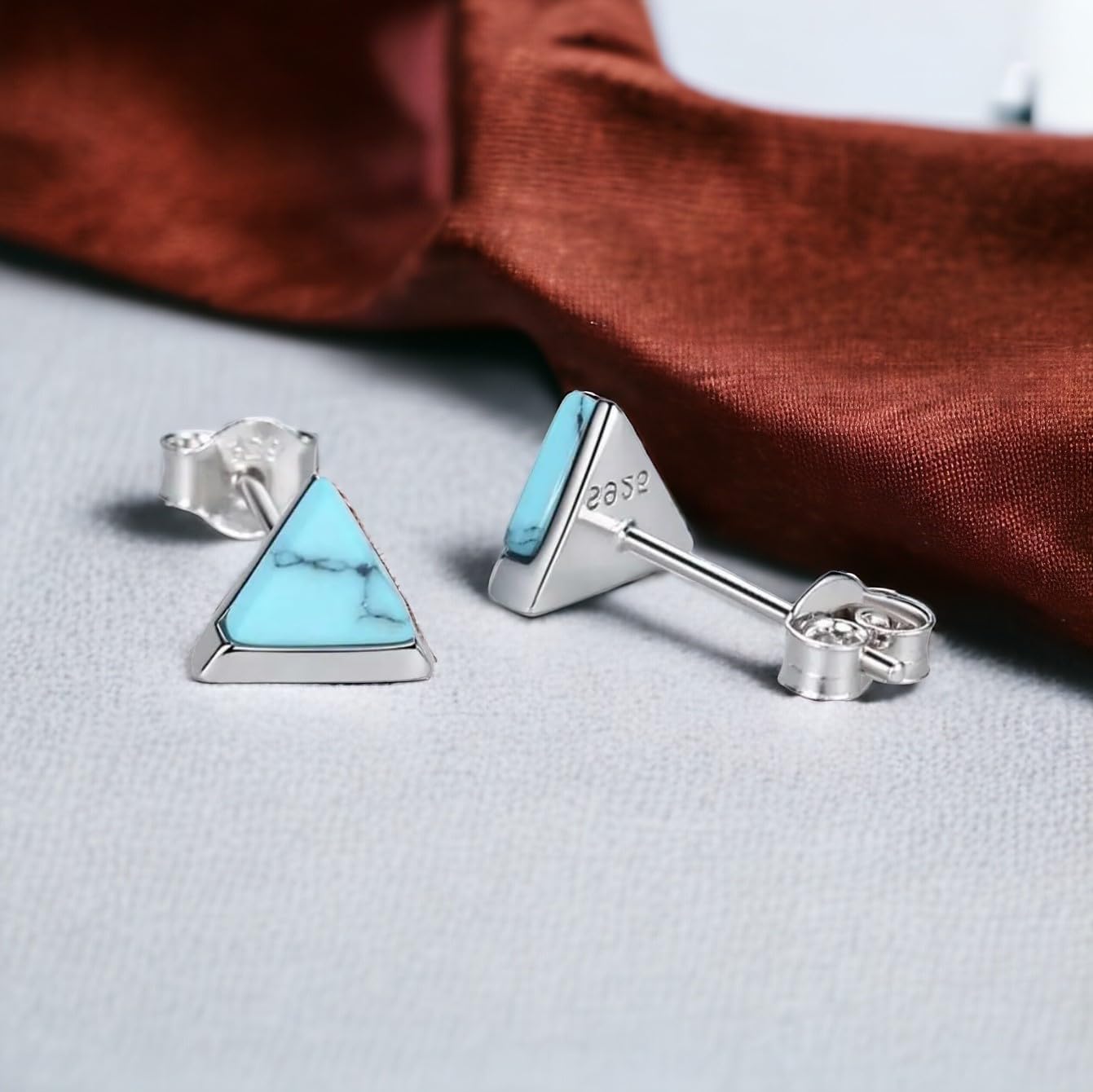 18k Karat Sterling Silver Turquoise Triangle Stud Earrings Jewelry Gift for Women - Genuine Boho Stud Earrings for Pierced Ears, Hypoallergenic Silver and Turquoise- Nickel Free, Hypoallergenic