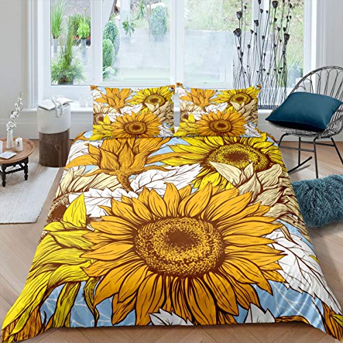 Homemissing Yellow Flowers Duvet Cover Sunflower Bedding Set For Kids Boys Girls Botanical Floral Comforter Cover Ultra Soft Blossom Flowers Bedding & Linen King Zipper