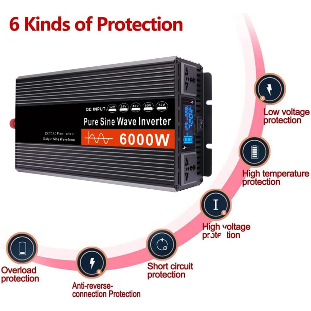 Inverter 24V A 230V, Inverter A Onda Pura da 6000W Dc 12V-72V A AC 110V/230V, Caricatore Solare per Auto con 2 Prese per Camper, Camion, Barca, Campeggio E Casa