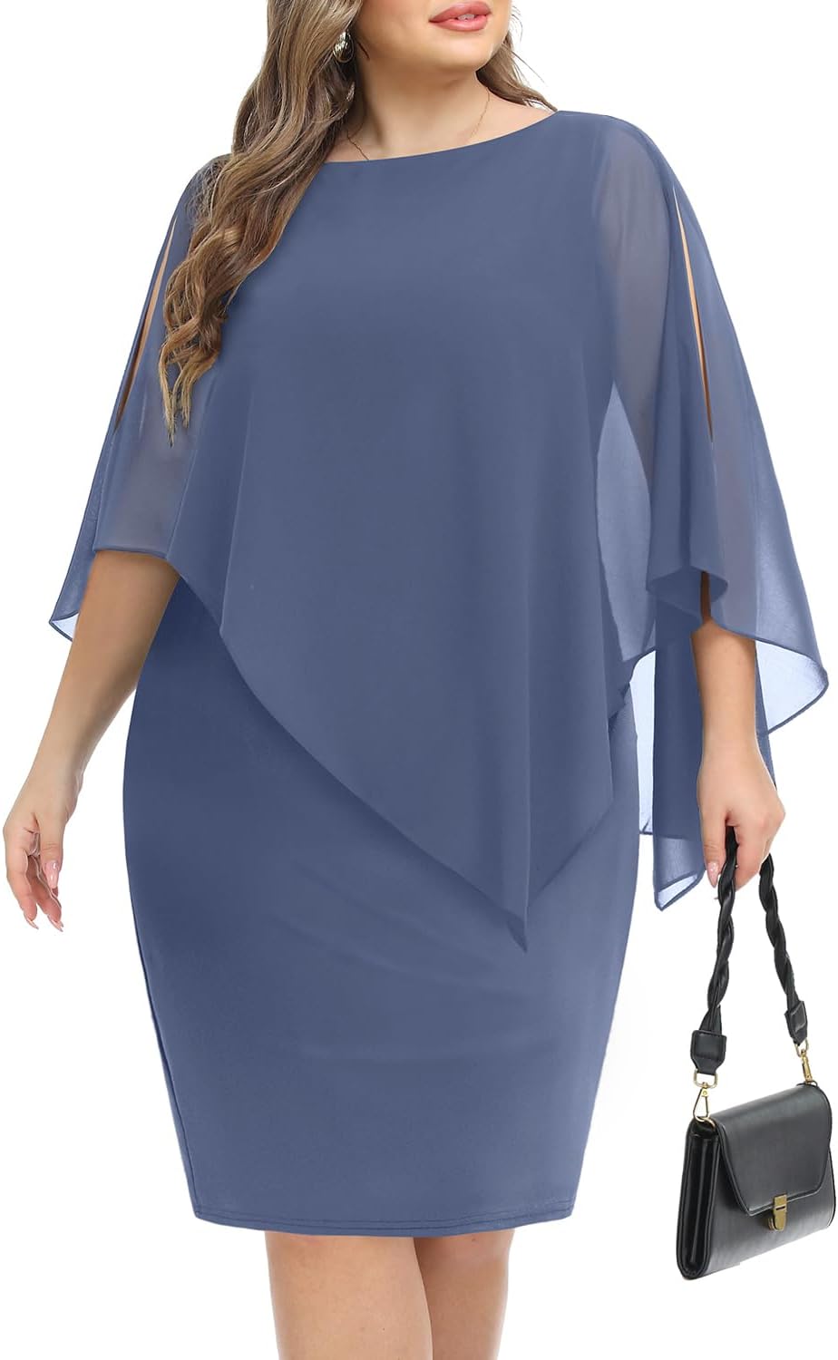 Pinup Fashion Women's Cape Dress with Chiffon Overlay Sleeveless Round Neck Bodycon Pencil Dress