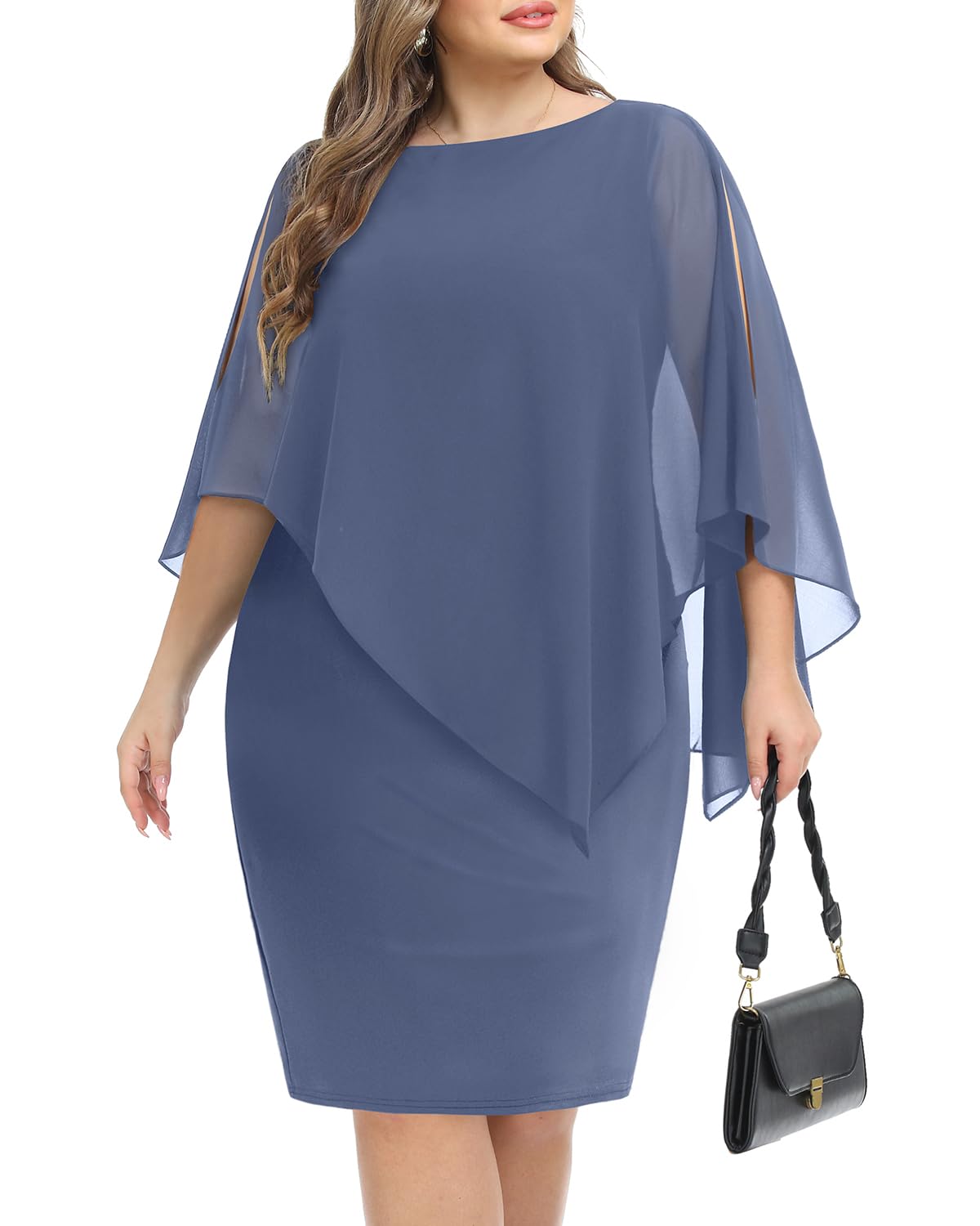 Pinup Fashion Women's Cape Dress with Chiffon Overlay Sleeveless Round Neck Bodycon Pencil Dress