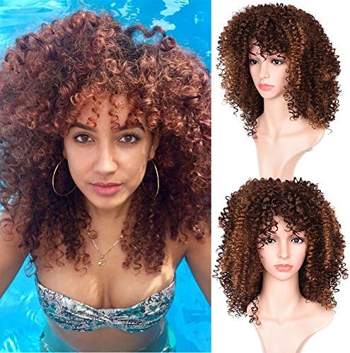 Good Quality Afro Curly Hair Wig For Black Women Short Curly Hair Wigs Blonde Color Heat Resistant Kinky Curly with Free Wig Cap(03M17-Brown Color)