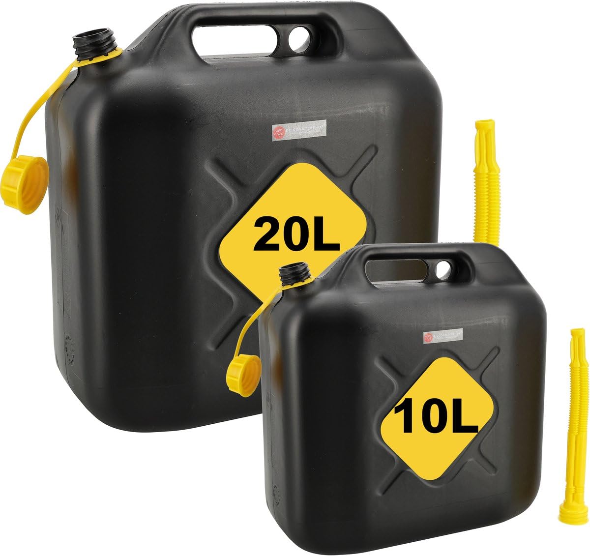 Jerrycan 20L + 10L Noir - Lot de 2 - Bidons de Carburant Plastique Homologués UN-avec Entonnoir, Bec Verseur et Tuyau de Remplissage - Pour Essence, Diesel et Eau