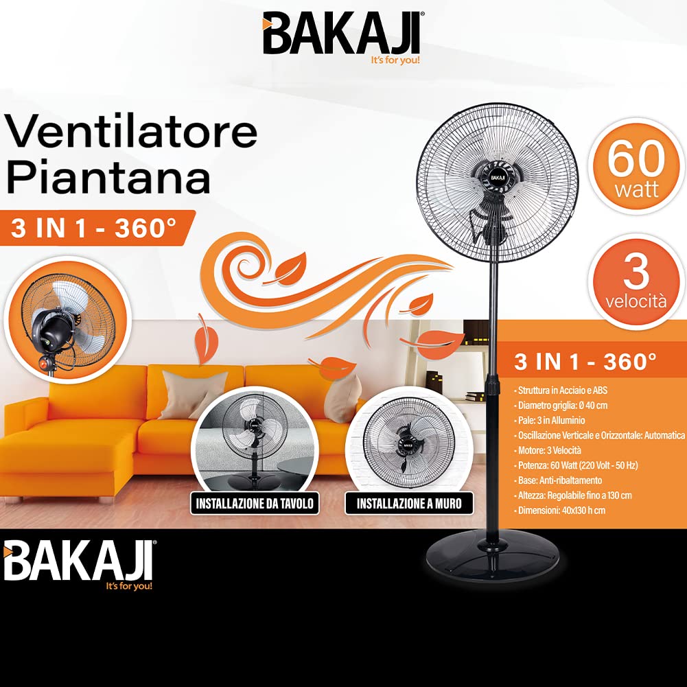 Ventilatore Da Parete BAKAJI 45W, Diametro 41cm, 3 Velocità, Inclinazione Regolabile, 220V - Silenzioso E Potente - Foto 10
