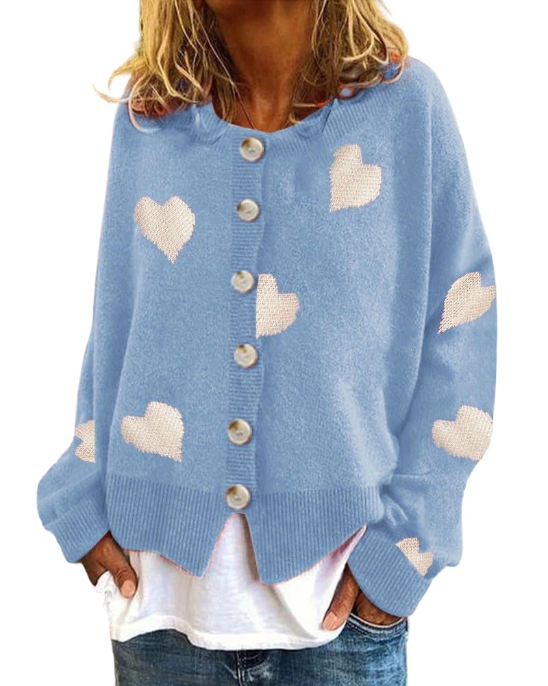 Women Oversized Button Down Heart Sweater Cardigan Open Front Long Sleeve Casual Chunky Knit Coat Outwear