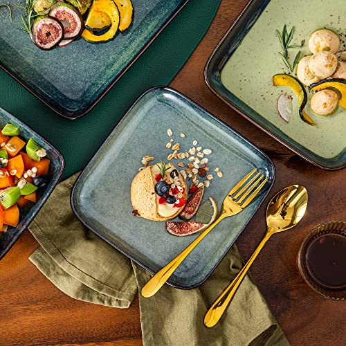 Vancasso Stern Green Dinner Set- Square Reactive Glaze Tableware- 32 Pieces Kitchen Dinnerware Stoneware Crockery Set With Dinner Plate, Dessert Plate, Bowl And Soup Plate Service For 8 #TOP5