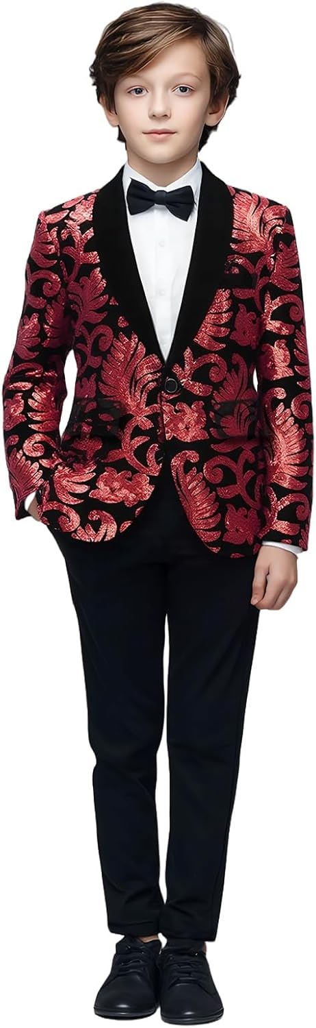 Pyiujtr Boys' Vine Leaf Floral Sequin 4 Piece Botanical Pattern Suit Jacket and Shirt Pants Bow Tie for Prom Wedding
