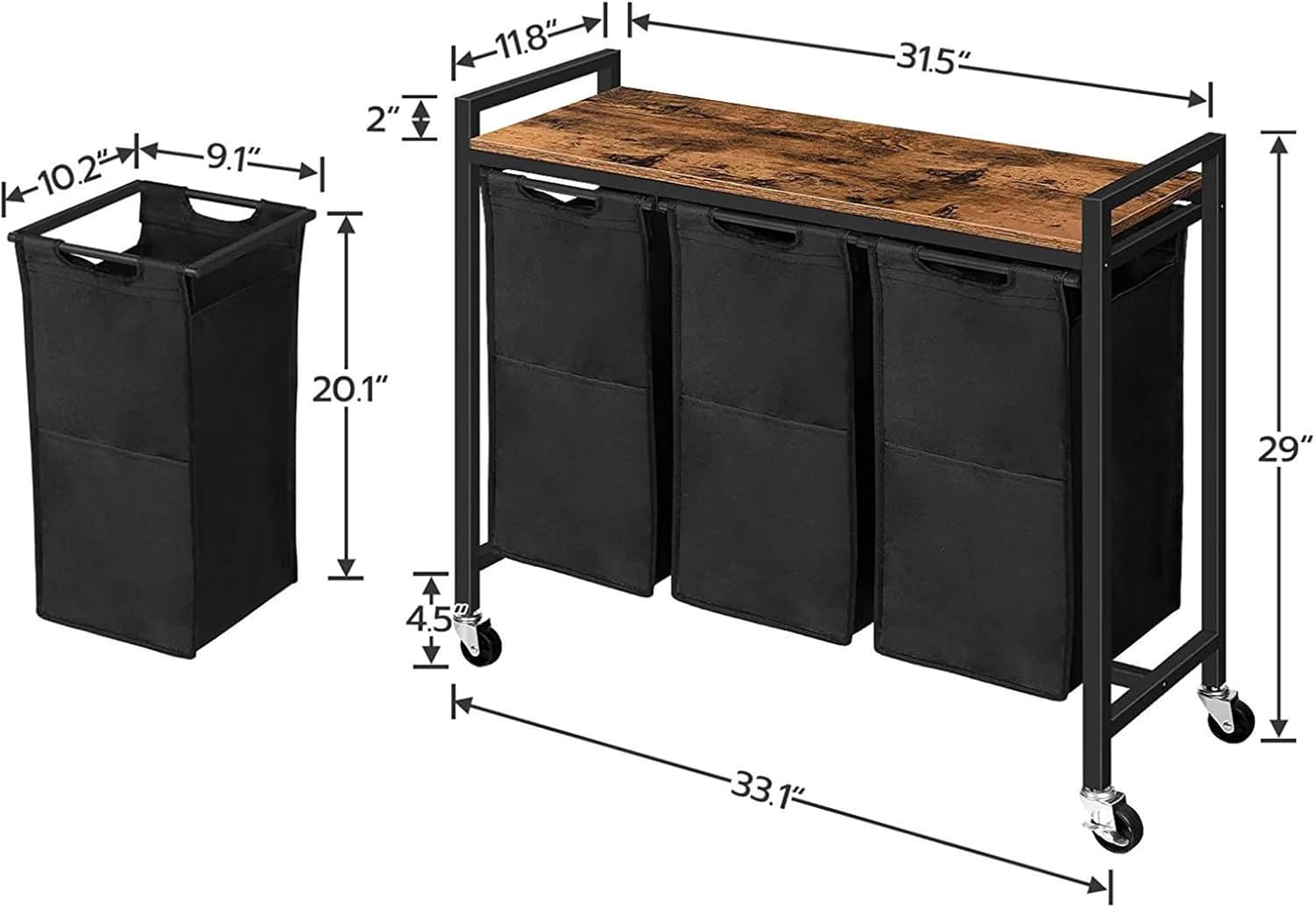 Laundry Hamper cart,3 Section Laundry sorter,Laundry Hamper Basket sorter,Laundry Hamper with Shelf,Pull-Out and Removable Oxford Fabric Laundry Bags,Suitable for Laundry Room,Bathroom