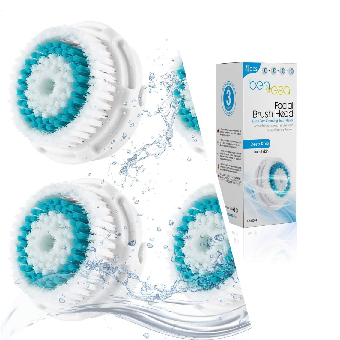 benvesa Deep Pore Replacement Facial Cleansing Brush Head, 4 Pack, (BDE-4)