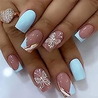 Vista 13 de 24 uñas postizas cortas a presión, color rosa RTKHFZE con diseño de mariposa blanca y diamantes de imitación, uñas postizas cuadradas de cobertura