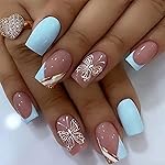 Square Press on Nails Medium Fake Nails French Gold Glitter Designs Butterfly False Nails Pink&Light Blue Acrylic Glue on Nails Glossy Full Cover Stick on Nail for Women Girls