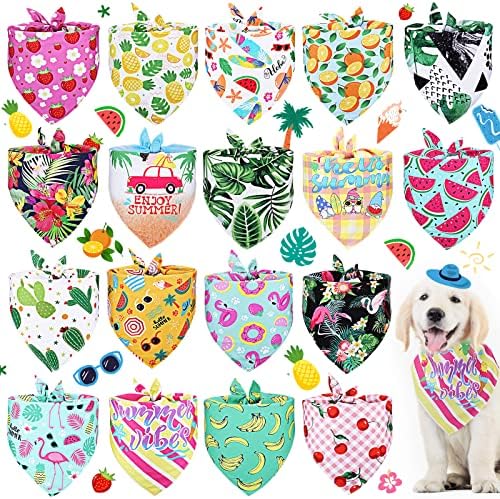 18 Pieces Summer Dog Bandanas Hawaiian Style Triangle Dog Scarf Pets Bibs Fruit Flamingo Pattern Adjustable Dog Bandanas for Small Medium Large Dogs and Cats