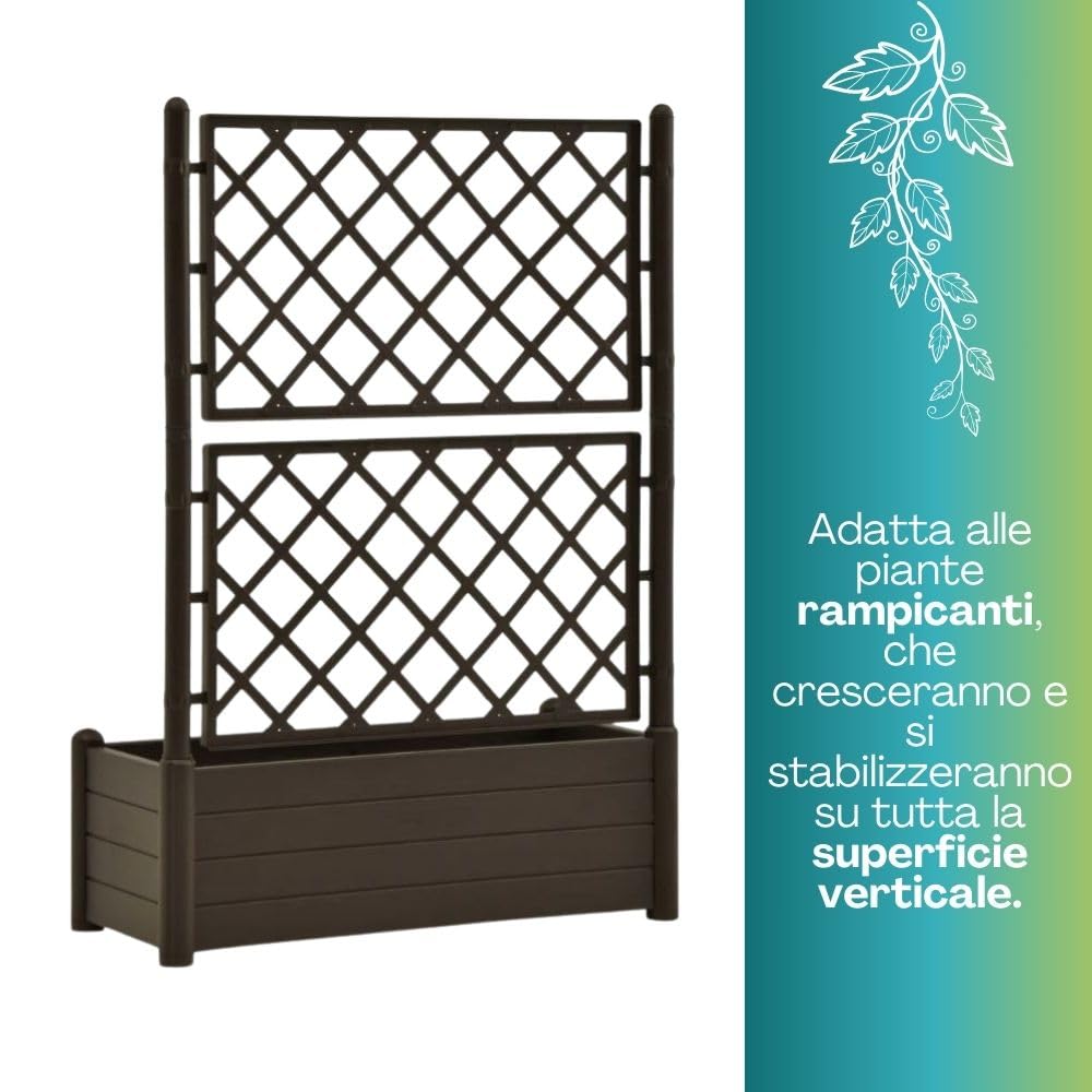PALUPLUS Fioriera Rettangolare con Spalliera da Esterno, Misura 100x43x142 cm, Vaso in Plastica Resistente airaggi UV, Traliccio con Grigliato per Fiori e Rampicanti -036F (Marrone)