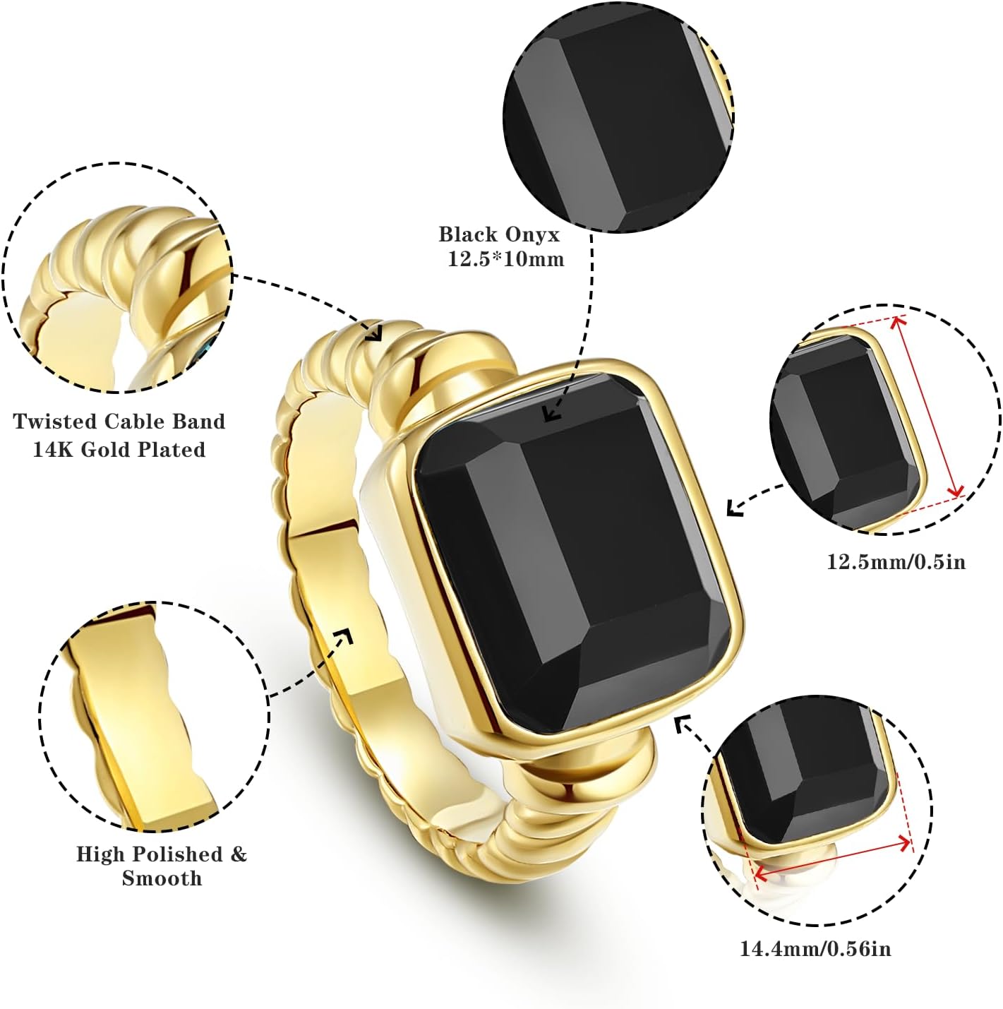 Women's 14K Gold Plated Statement Rings Emerald Cut Teal Turquoise/Rose Quartz Crystal/Spiny Oyster Turquoise Signet Ring Stainless Steel Chunky Gold Rings Size 5-10