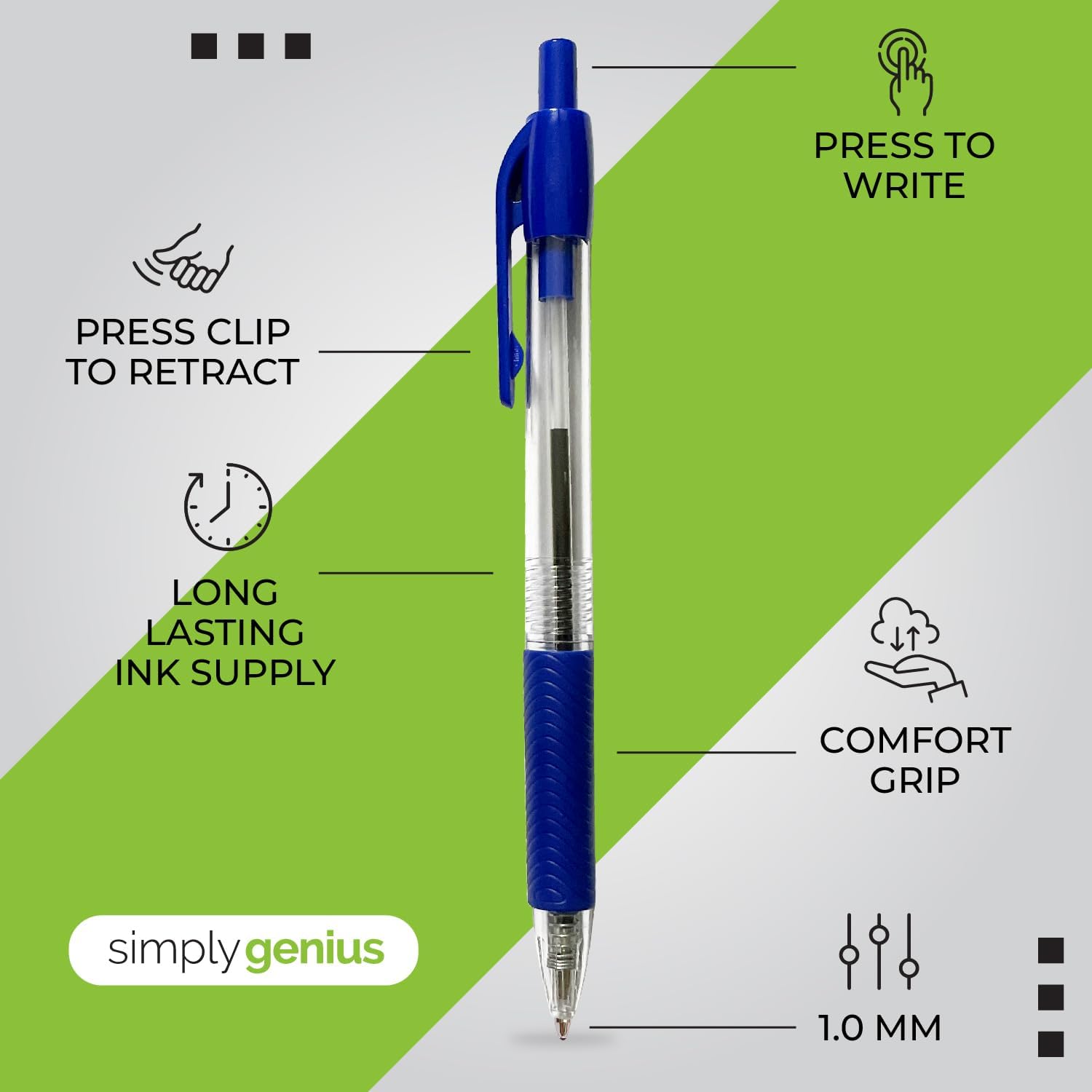 Simply Genius Blue Ballpoint Pens - 200 Bulk Pens, Retractable, Blue Ink - Smooth Writing & Ergonomic for Note Taking & Journal Supply
