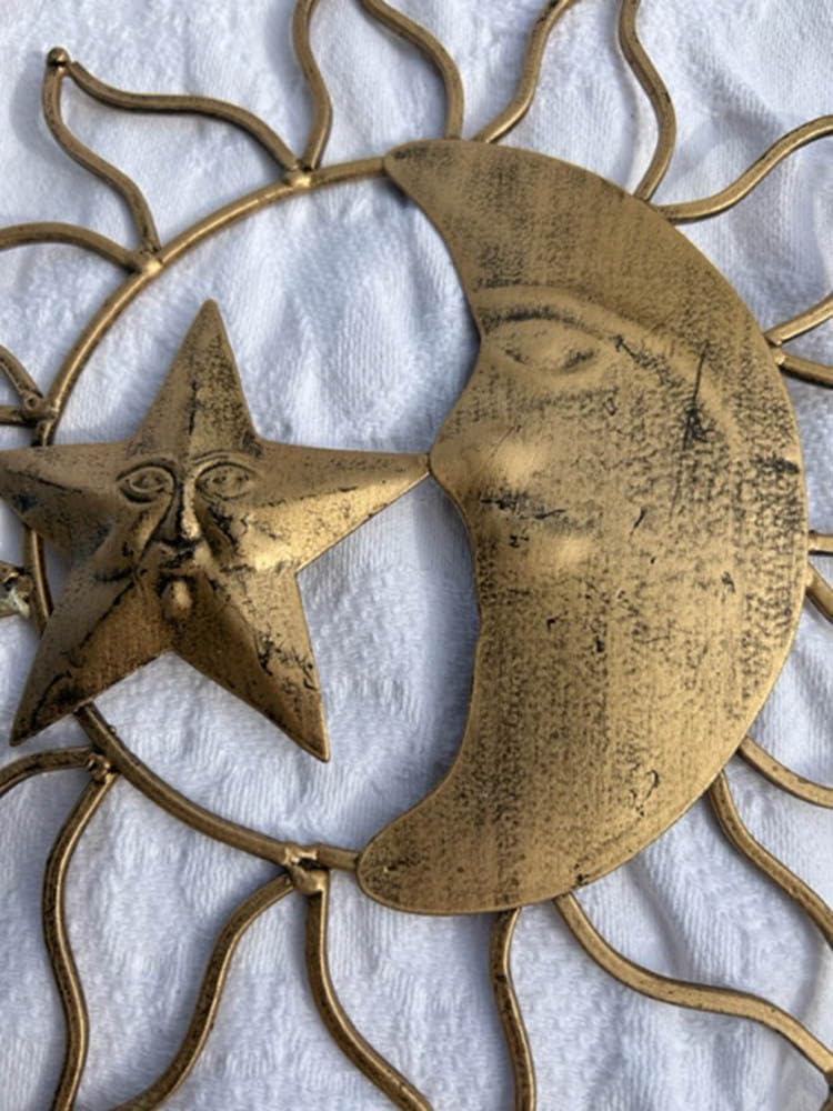 Celestial Wind Chime | Crescent Moon and Star Inside Silhouetted Sun | Copper Colored Metal | 13.5"