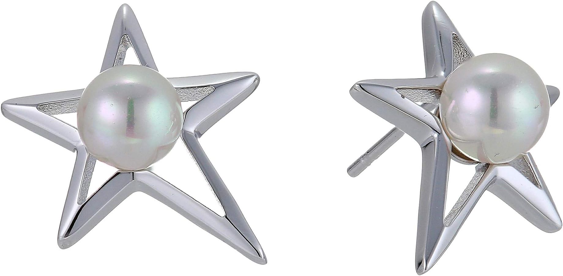 Rock Star 6mm White Round Pearl on Steel Star Stud Earrings
