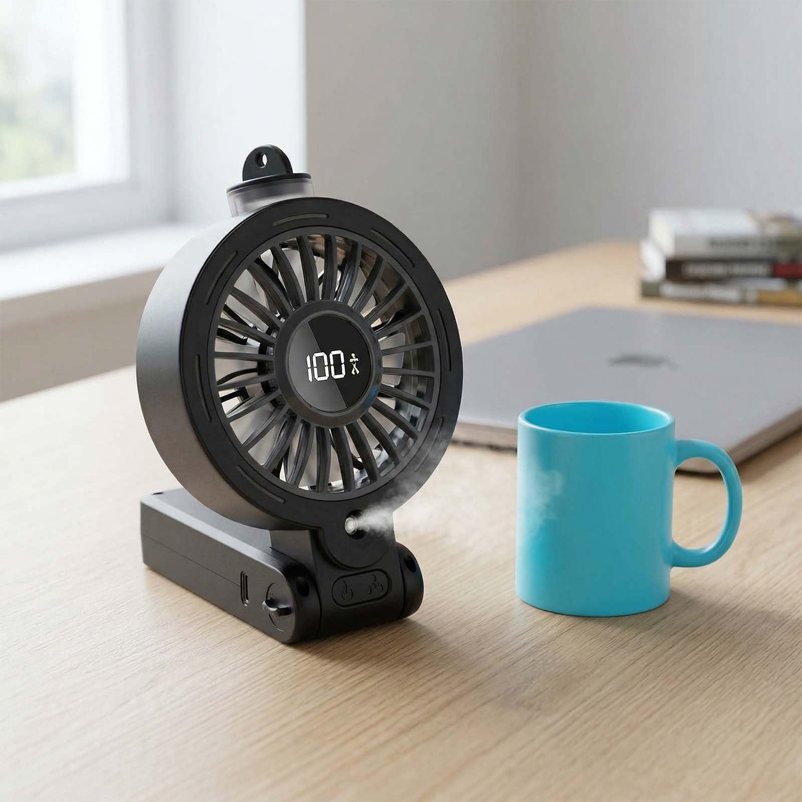 Ventilatore portatile, mini ventilatore nebulizzatore con schermo a LED e 100 velocità, ventilatore USB ricaricabile da scrivania, pieghevole, silenziatore da collo per casa, ufficio, viaggi (nero)