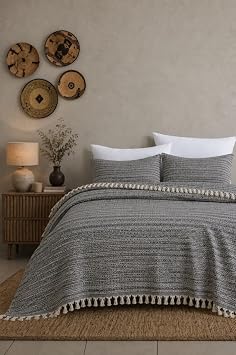 King Size Dokuma Pike Takımı 240x260 cm 2 Yastık Kılıflı Saçak Detaylı Örtü Seti Gri