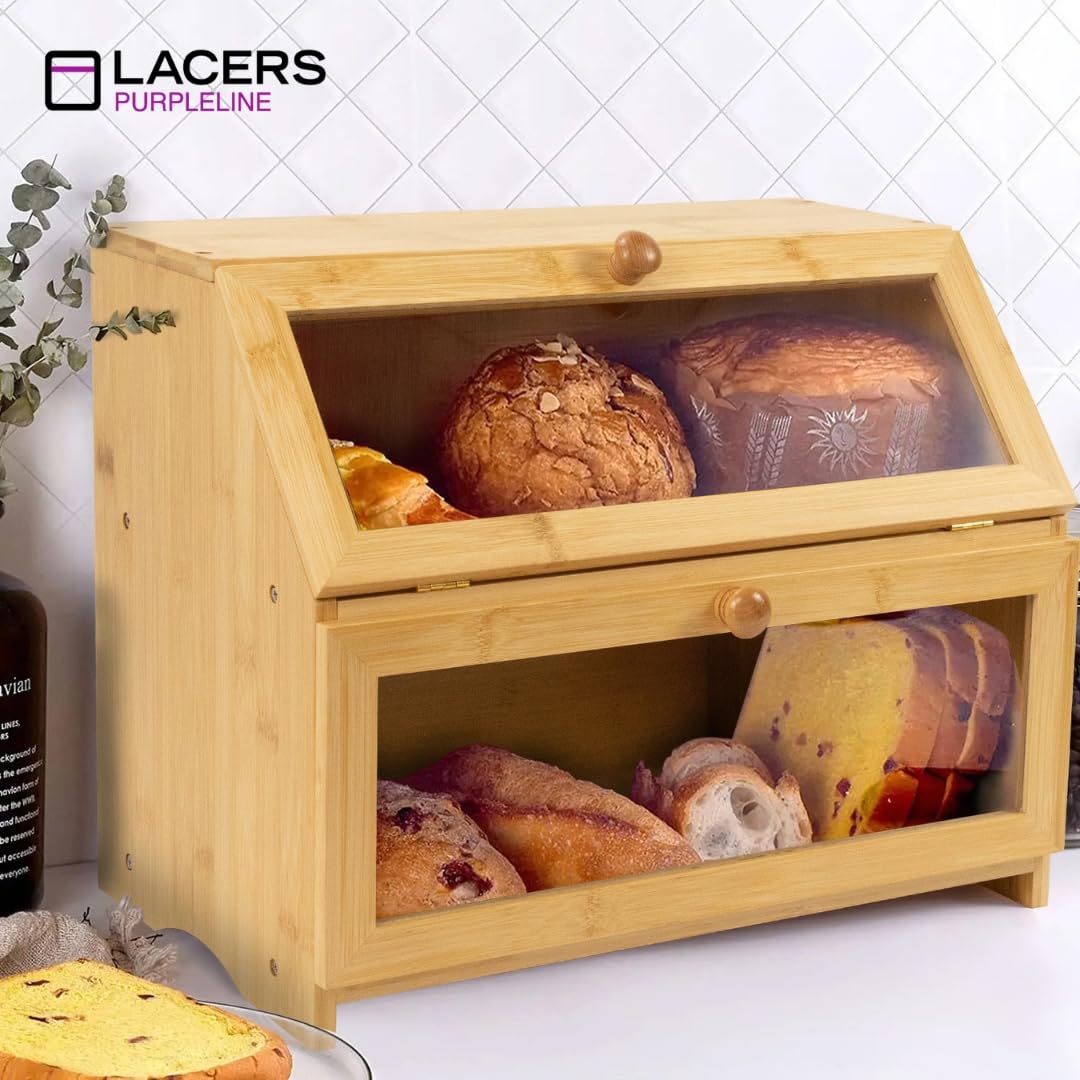 Lacers PURPLELINE Brotkasten aus Bambus mit 2 Etagen & Sichtfenster - Großer Brotbehälter für die Küche - Nachhaltige Brotbox zweistöckig zur Brot-Aufbewahrung, Holz-Brotkiste 39,5x25x32 cm