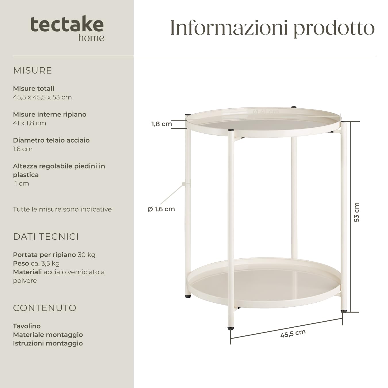 tectake® Tavolino Salotto 45,5 x 45,5 x 53 cm, Tavolino da salotto Tondo Basso, Mobile Soggiorno, Ripiano a Vassoio, Mobiletto Salvaspazio Divano, Camera, Ufficio, Soggiorno, Design Rustico - Crema