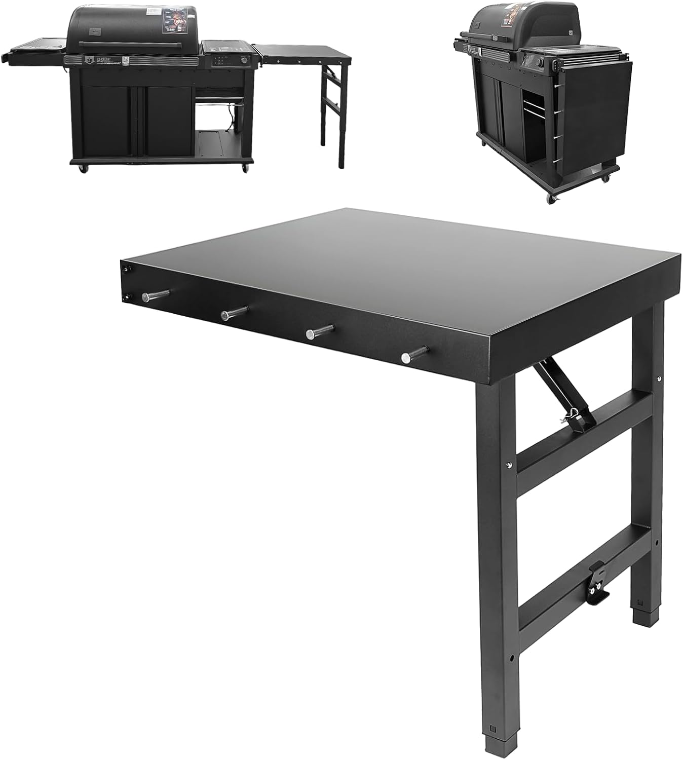 Utheer Folding Side Shelf for Traeger Woodridge Pro/Plus/Elite & Ironwood/Ironwood XL, 24.5" × 20.3" Large BBQ Side Table with 4 Hooks, Foldable Grill Prep Station