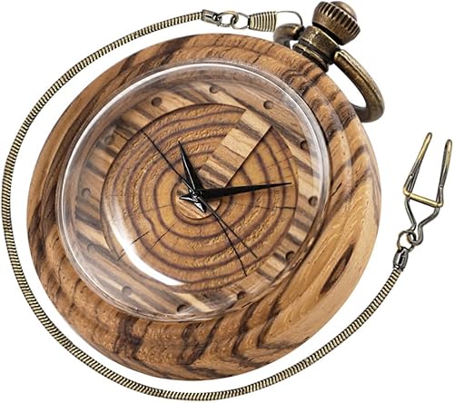 Tiong Relojes de bolsillo de madera para hombre, hecho a mano, de madera de bambú, analógico, de cuarzo, con cadena, regalo para el día del padre