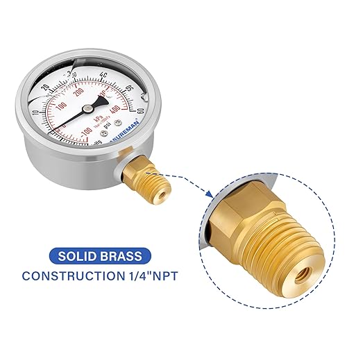 Miniatura 111 de MEASUREMAN - Manómetro relleno de líquido, tamaño del dial de 2.5 pulgadas, 0 a 200 psi/kPa, caja de acero inoxidable 304, montaje inferior NPT