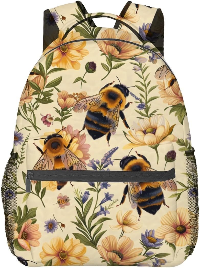 Retro Bee Backpack,Wildflower Cream Polyester Backpacks,Lightweight Double Shoulder Back Pack for Girls Women,Vintage Nature Bookbag,School Bag Gifts,Casual Travel Daypack Book Packs