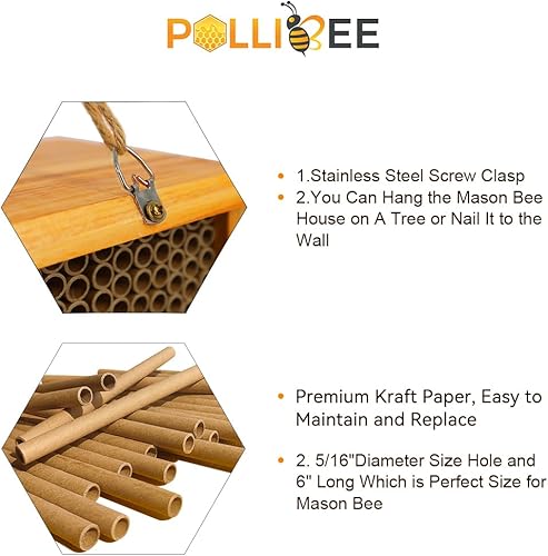 Miniatura 4 de Mason Bee House - Hotel con revestimiento de cera para el jardín, madera natural hecha a mano impermeable, atrae polinizadores pacíficos a tu jardín