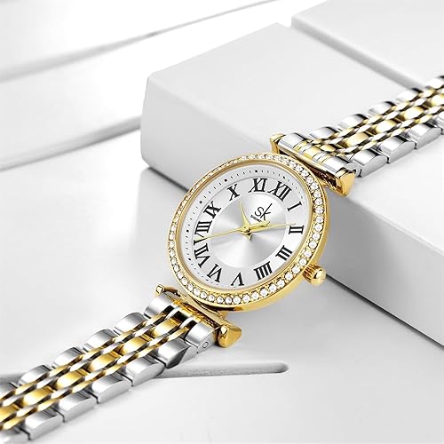 Miniatura 5 de SHENGKE SK Fashion - Reloj con detalles de cristal para mujer con números romanos, reloj con esfera de fácil lectura.