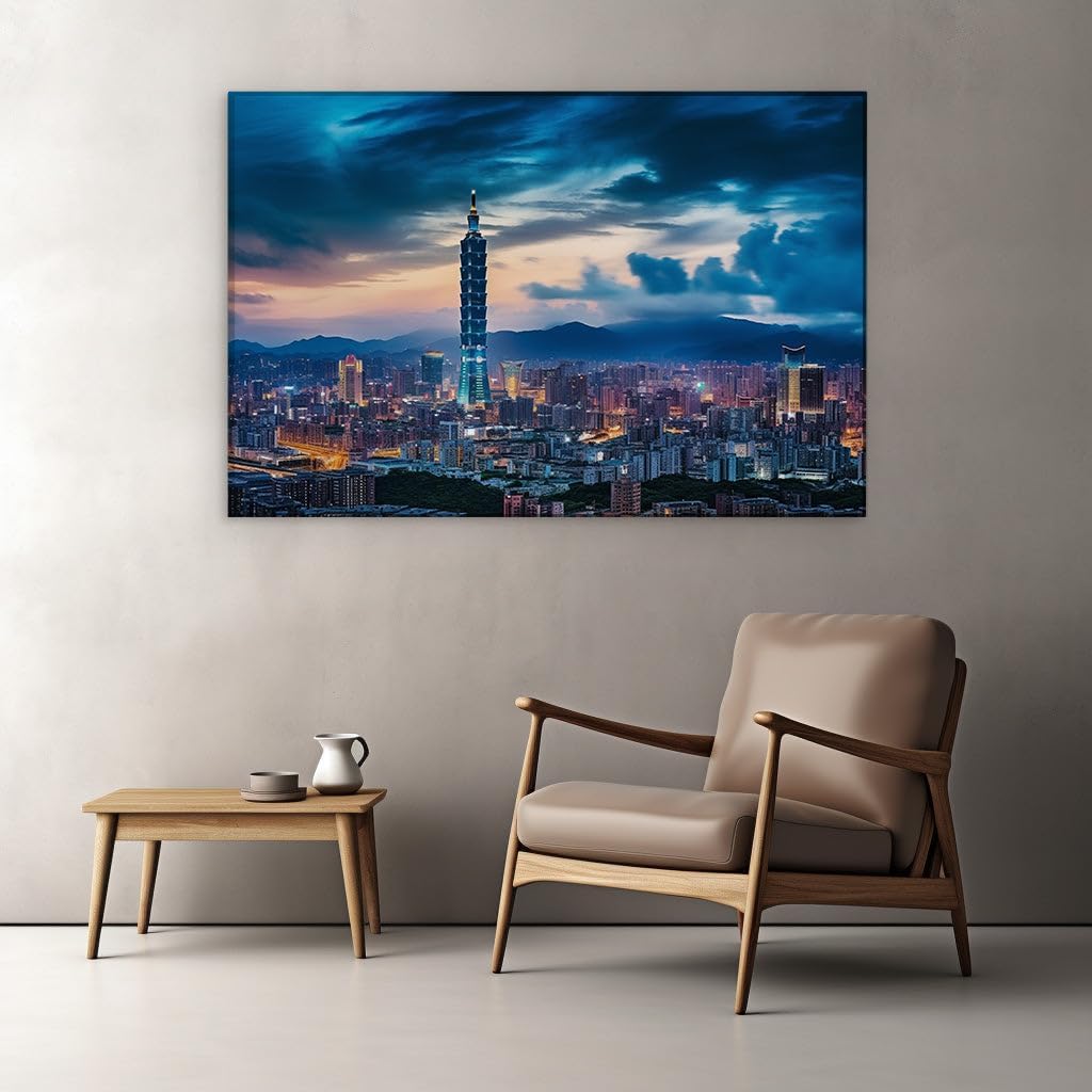 Canvas for Living room. Twilight Brilliance Over Taipei: A Cityscape of Serene Illumination, 27 x 18 inch Canvas Wall Art - Contemporary Masterpieces - Modern Home Decor