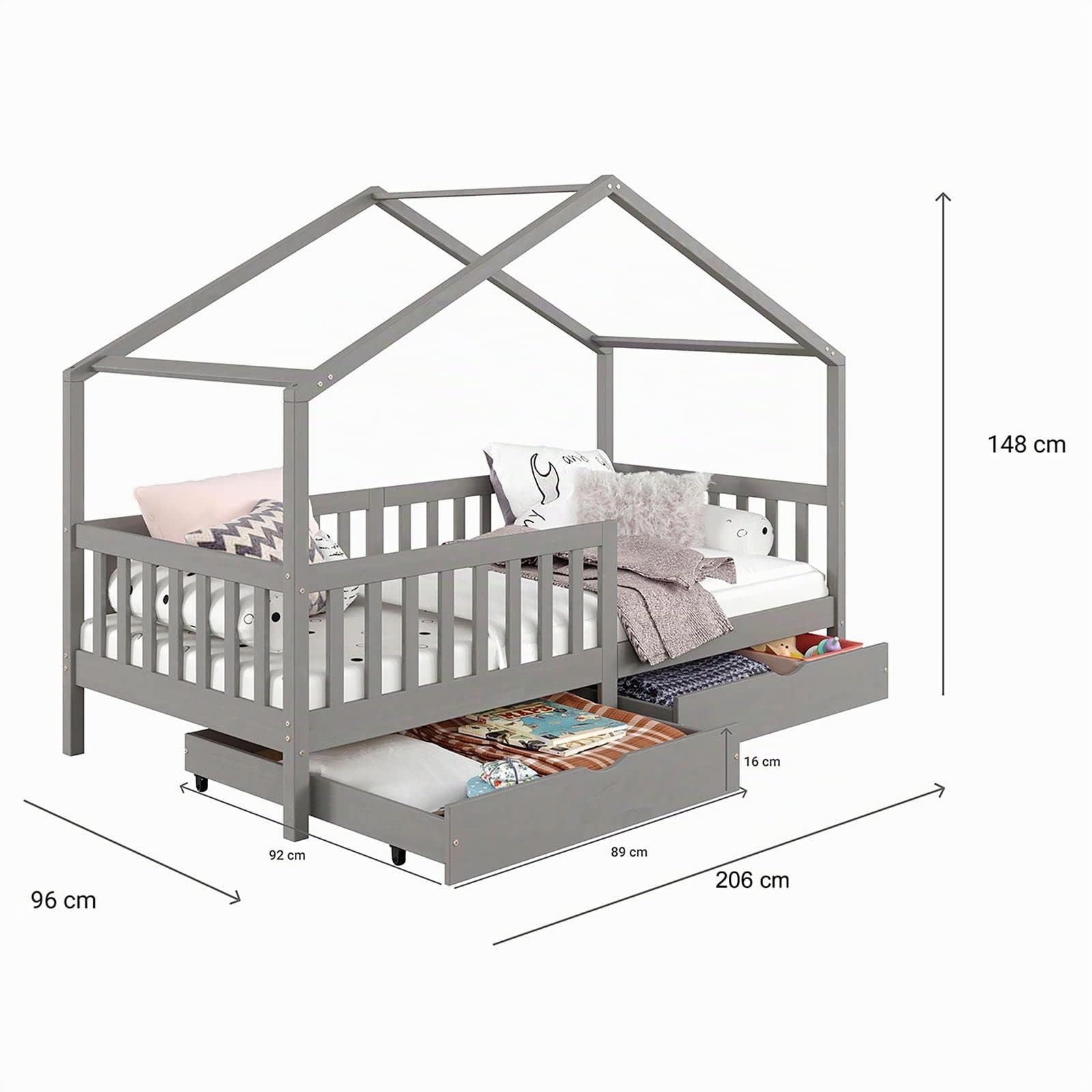IDIMEX Hausbett ELEA aus massiver Kiefer, Kinderbett mit Rausfallschutz 90x200cm, Spielbett mit Dach in grau