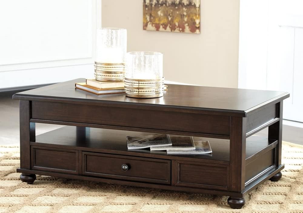 Signature Design by Ashley Barilanni Traditional Lift Top Coffee Table with 1 Storage Drawer, Open Shelf and Hidden Storage, Dark Brown