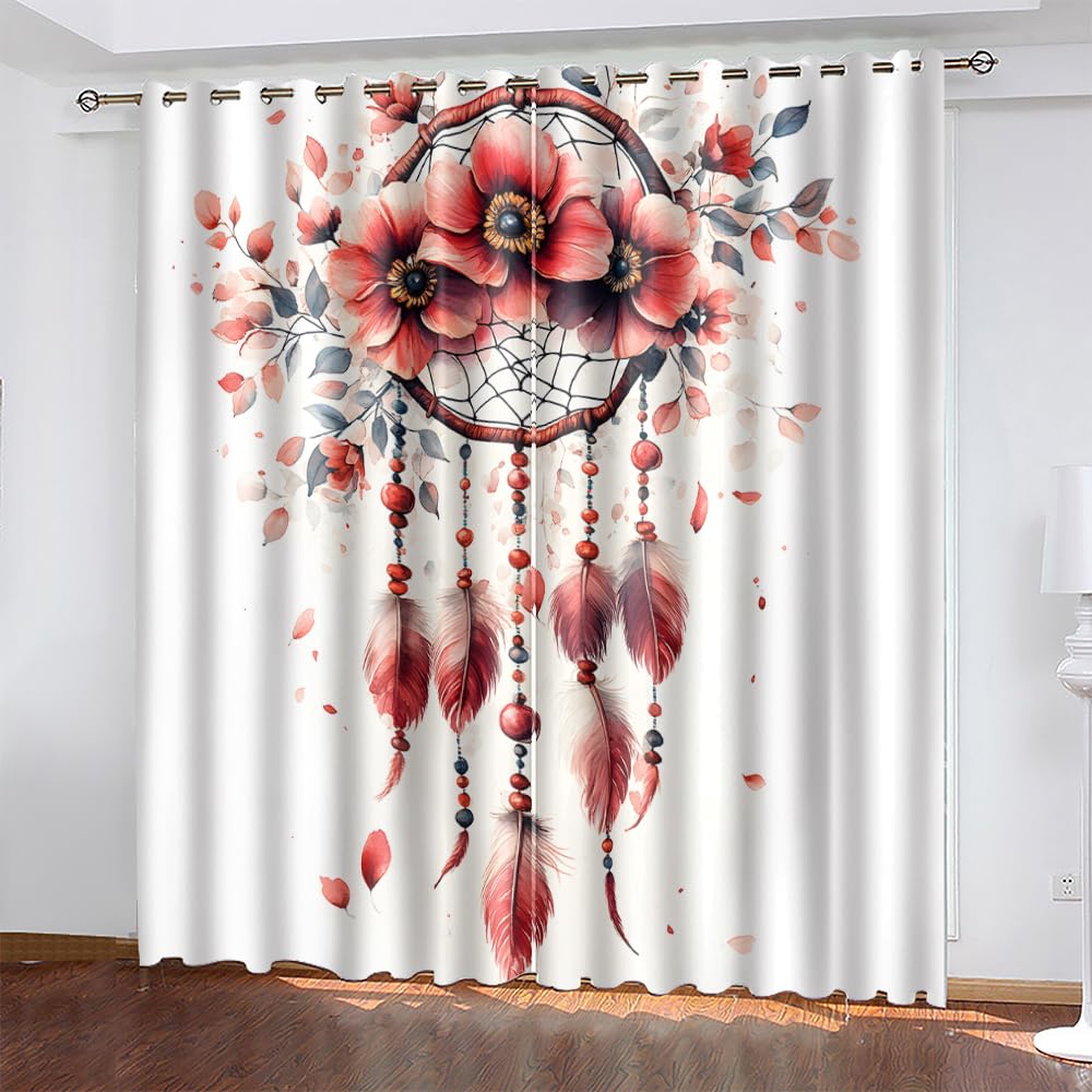 Vorhänge Wohnzimmer Blickdicht Gardinen Verdunkelungsvorhang Schlafzimmer Kinderzimmer Thermovorhang Fensterdekoration 3D Weißer Traumfänger Mit Roten Federn Muster Ösenschal 2Er Set 234X230