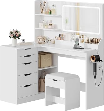 TRIUMPHKEY Dressing Table with Stool,Vanity Desk with 5 Drawers,Power Outlet,Corner Makeup Table with 3 Colors LED Mirror,Open Shelves,Bedroom Furniture for Women Girls [Energy Class E]
